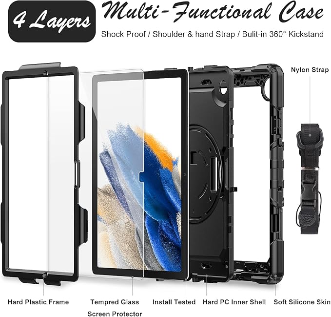 Case for Samsung Galaxy Tab A8 5G Tablet Case 10.5 inch [with Tempered Glass Screen Protector] Rotatable Kickstand S Pen Holder Hand/Shoulder Strap (Black)
