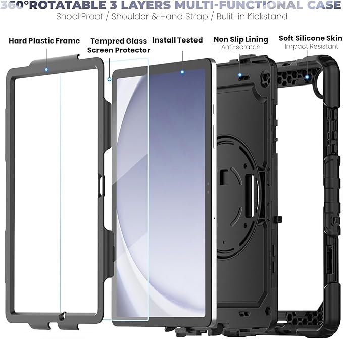 Bundle of Case for Samsung Galaxy Tab A9 Plus 11 Inch 2023 with Tempered Glass Screen Protector Pencil HolderBLOSOMEET Galaxy A9+ Plus Tablet Case with Shoulder Strap Hand Strap&ampStandBlack
