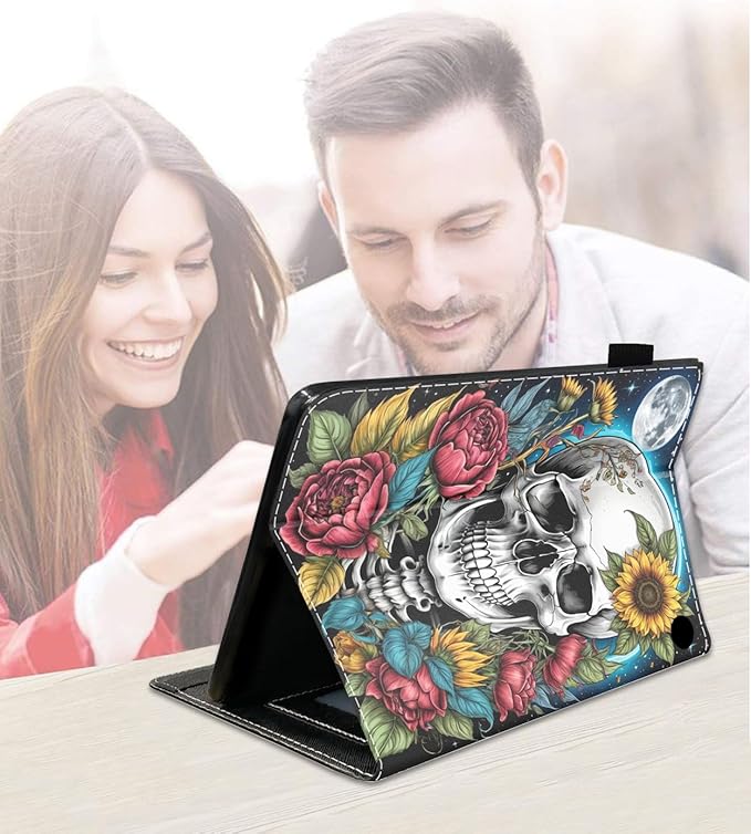 Case for Amazon Fire HD 10/HD 10 Plus Tablet 10.1 (13th/11th Generation 2023/2021 Release) Slim PU Leather Cover with Card Slot &amp Auto Wake/Sleep Skull Flower