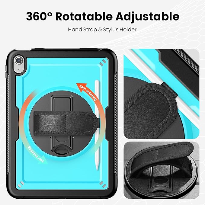 Case for iPad (A16) 11th/10th Generation 11''/10.9'' 2025/2022: Shockproof Protective Case with Hand/Shoulder Strap Pencil Holder Rotate Stand Screen Protector Sky Blue