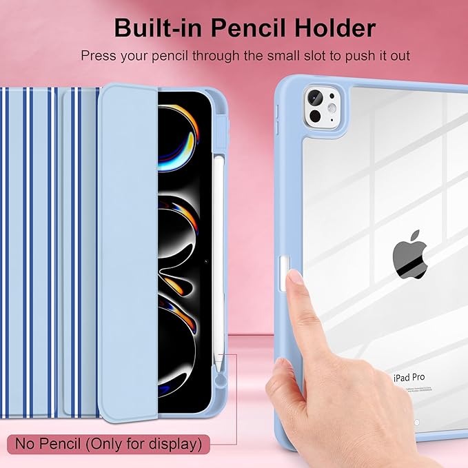 Case for iPad Pro 11 Inch (M5 2025 M4 2024) – [Built-in Pencil Holder] Shockproof &amp Stylish Clear Hard Back + Soft TPU Edge Magnetic Trifold Stand Auto Wake/Sleep Blue Stripes