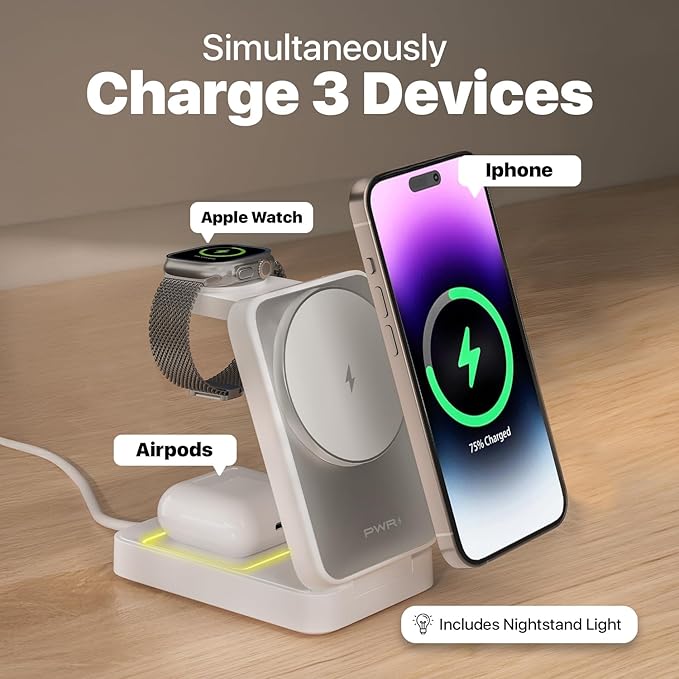PWR Fold 2.0 4-in-1 Charging Station for Multiple Devices - Portable Wireless Charging Station Compatible with Apple Watch iPhone Samsung Airpods and Qi Wireless Devices (White)