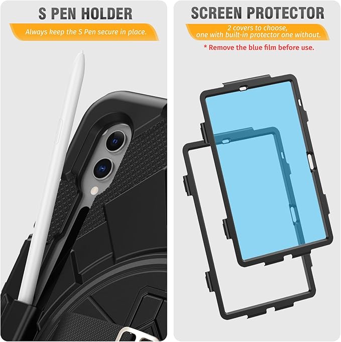 HXCASEAC Case for Samsung Galaxy Tab S10+ Plus / S9 Fe+ / S9+ 5G 12.4 inch Protective with Screen Protector/S Pen Holder/ 360 Rotating Stand Hand Strap - Black