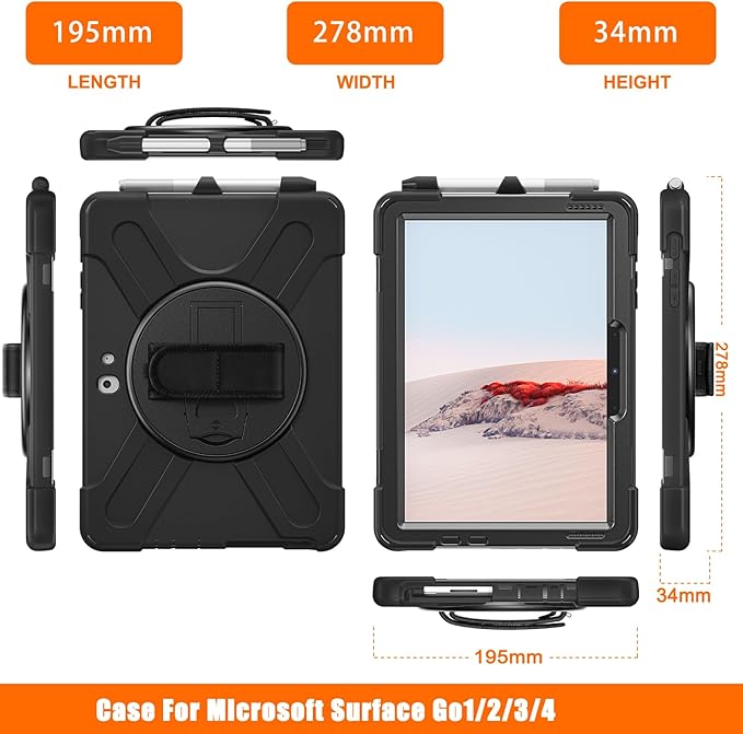ZenRich Rugged Case for Surface Go 4 (2023)/Surface Go 3 (2021)/ Surface Go 2 (2020) Surface Go (2018) with Pen Holder Heavy Duty Shockproof Case with 360° Rotating Kickstand Hand &amp Shoulder Str