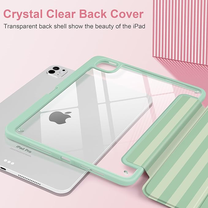 Case for iPad Pro 11 Inch (M5 2025 M4 2024) – [Built-in Pencil Holder] Shockproof &amp Stylish Clear Hard Back + Soft TPU Edge Magnetic Trifold Stand Auto Wake/Sleep Green Striped