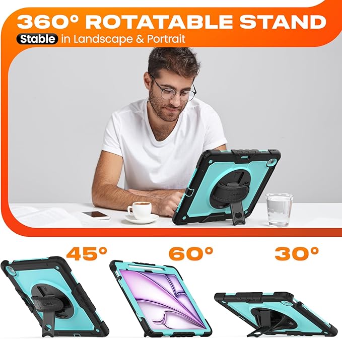 SEYMAC stock Case for iPad Air 13-inch M4-M2 2026-2024 (Gen 8-6) Shockproof Heavy Duty Case with Screen Protector Pencil Holder Rotating Stand Hand Strap Shoulder Strap SkyBlue