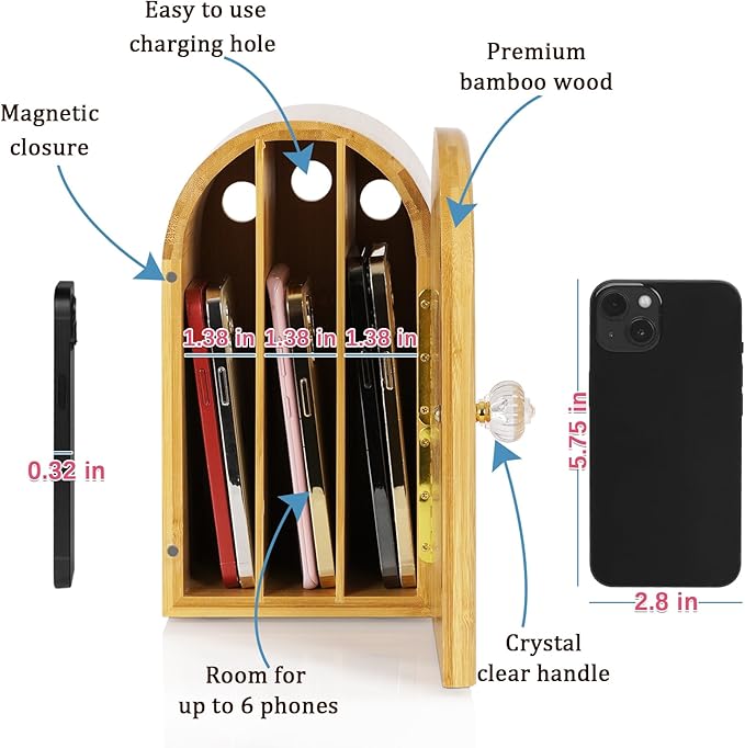 Phone Box for Family Time Bamboo Cell Phone Jail 3 Sections Hold 6 Phones with Charging Holes Phone Holder Self-Discipline Box Help Kids Adults Focus Back Mobile Phone Addiction (Wood)