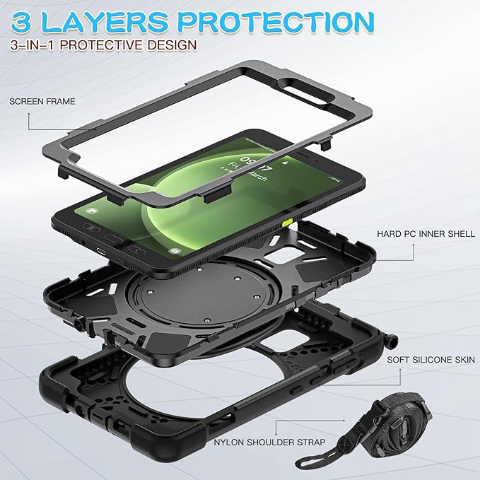 Rugged Case for Samsung Galaxy Tab Active5 5G (SM-X306B/X300) w/ 360° Rotating Hanging Ring Handle Grip Kickstand Heavy Duty Shock-Proof Armor Cover w/Shoulder Strap Stylus Holder (Black)