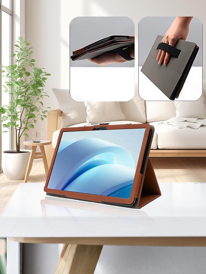 for DOOGEE U13 2025 13 Inch Android Tablet CaseBOVUGAC Folding Stand Protective Cover with Pencil Holder and Wrist StrapFull Protection Premium PUScratch Resistant(Brown)