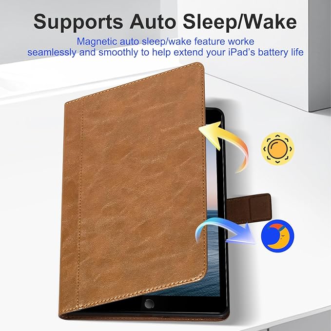 Leather Case for iPad 9th/8th/7th Generation 10.2 Inch(2021/2020/2019)Premium Leather Folio Cover with Auto Wake/SleepAdjustable StandBrown