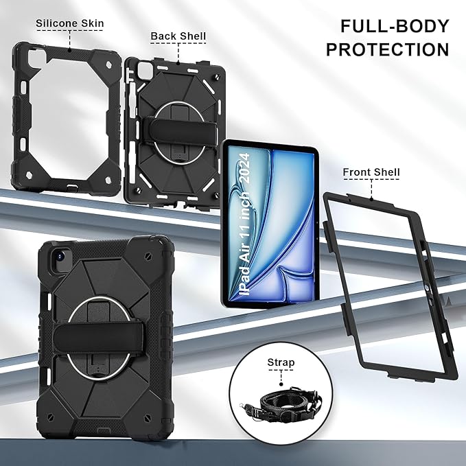Case for iPad Air 11 Inch (M2) 2024 6th Generation Shockproof Protective With 360 Rotate Kickstand Hand Strap Shoulder Strap Black