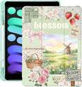 Cute Flower Blossom Floral for iPad mini 7 A17 Pro 2024/iPad Mini 6 Case with Pencil Holder Auto Sleep/Wake Green Leather Soft TPU Back Cover