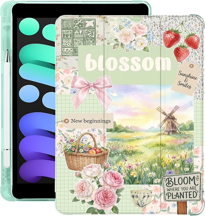 Cute Flower Blossom Floral for iPad mini 7 A17 Pro 2024/iPad Mini 6 Case with Pencil Holder Auto Sleep/Wake Green Leather Soft TPU Back Cover