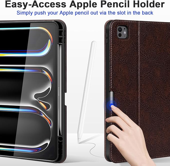 Genuine Leather Case for iPad Pro 13 Inch M5 2025 / M4 2024 Premium Folio Cover with Pencil Holder Auto Wake/Sleep &amp Adjustable Stand - Vintage Moka Brown