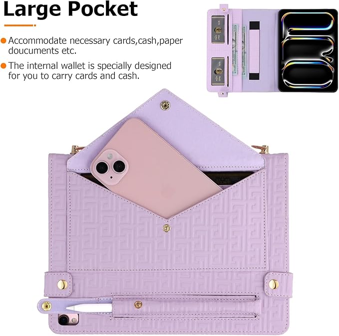 Dteck Handbag Case for iPad 9th/8th/7th Generation 2021/2020/2019 10.2 Inch with Pencil Holder Folio Stand PU Leather Crossbody Shoulder Hand Strap Card Pockets Magnetic Envelope Wallet CoverPurple