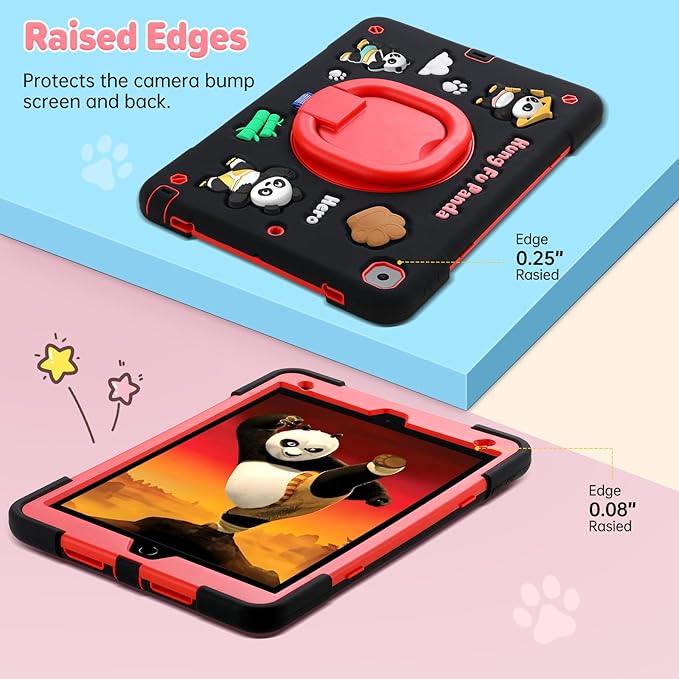 Case for iPad 9th/8th/7th GenerationCute 3D Cool Panda Warrior Design Cover with Screen Protector Rugged Protective Cartoon Case with Stand/Strap/Pen Slot for iPad 10.2 Kids Teens (Black+Red)