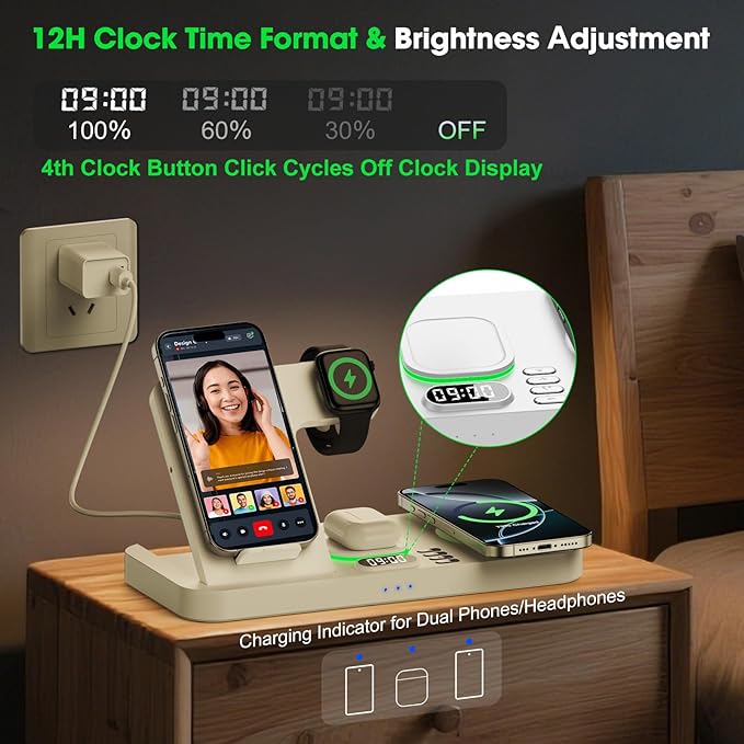 Dual Phone Wireless Charging Station for Apple Devices Magnetic Charging Station for iPhone with Auto Switch 7-Color Light&ampClock Family Watch Charger for iPhone17 for iWatch11 for AirPods Pro3(S