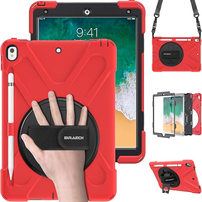 BRAECN Case for iPad Air 3rd Generation 2019 / iPad Pro 10.5 inch 2017 Rugged Heavy Duty Shockproof Cover with Pencil Holder 360° Rotating Kickstand &amp Adjustable Hand Strap &amp Shoulder Strap