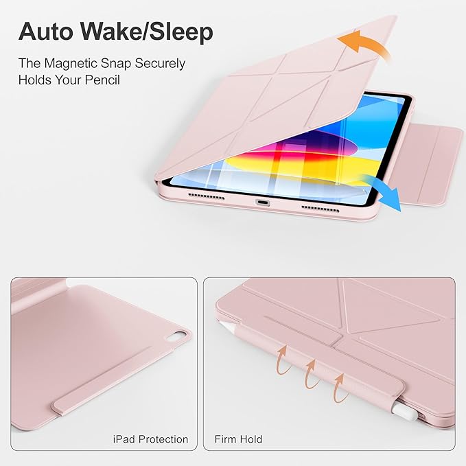 Y-Shaped Detachable Case for iPad (A16) 11th/10th Generation (2025/2022) Clear 360°Rotating Magnetic Back Multi-Stand &amp Shockproof Hybrid Cover for iPad 11/10 Auto Wake/Sleep Pink