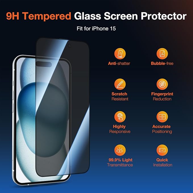 2 Pack Privacy Screen Protector for iPhone 15 9H+ Tempered Glass Anti Spy Private Film Easy Installation Auto Alignment Dust Removal Military-Grade Protection Bubble-Free