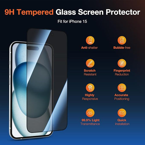 2 Pack Privacy Screen Protector for iPhone 15 9H+ Tempered Glass Anti Spy Private Film Easy Installation Auto Alignment Dust Removal Military-Grade Protection Bubble-Free