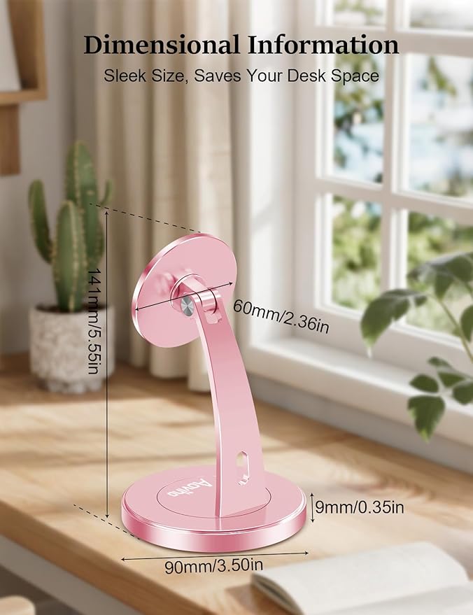 Magnetic Phone Stand for Desk – 360° Rotating Aluminum Phone Holder Stable Desk Stand for Office Home &amp Kitchen Compatible with iPhone 17 Pro Max 16–12 Series and MagSafe Cases Rose Gold
