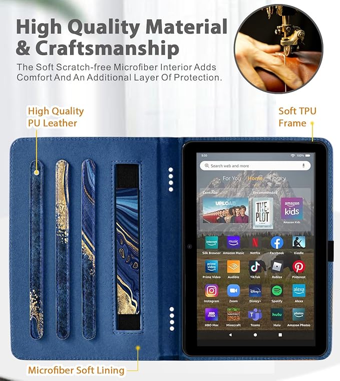 Grifobes Case 8/8 Plus [Only for 2024/2022/2020 Released 14th/12th/10th Generation] Premium PU Leather Folio Stand Smart Auto Wake/Sleep Cover with Built-in Stylus Holder/Pocket Marble Deep Blue
