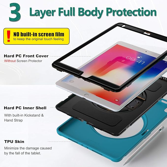 BATYUE iPad Air 3rd Generation 2019 / iPad Pro 10.5 inch Case 2017 Full-Body Shockproof Rugged Case with 360° Swivel Kickstand/Leather Hand Strap/Pencil Holder Case for 10.5 inch (Light Blue)