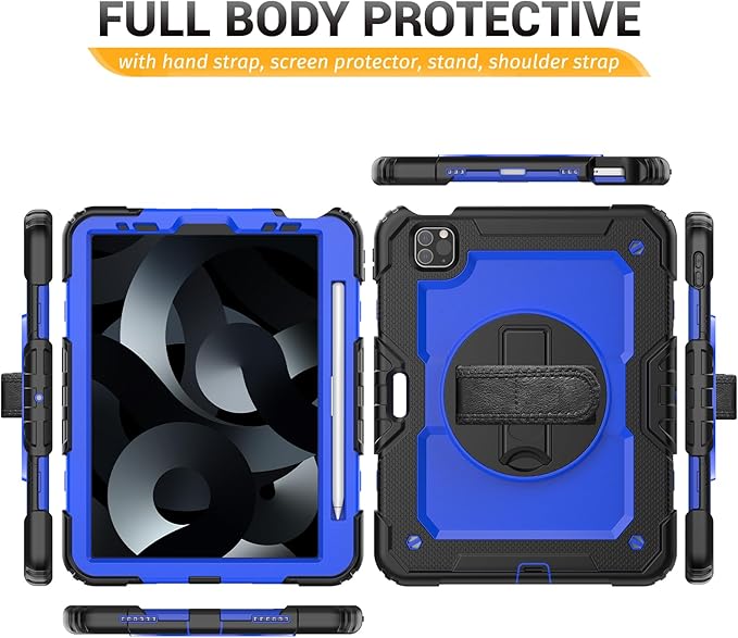 HXCASEAC Case for iPad Air 5th/4th Gen 10.9 inch Shockproof Design with Pencil Holder Screen Protector Hand Strap Protective Air 5/4 Case (A2316 A2324 A2588 A2589 A2591 A2072 A2325) - Blue