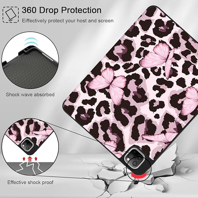 Mektron for iPad Pro M2 11-inch 4th/ 3rd/ 2nd/ 1st Gen Case 2022 2021 2020 2018 with Pencil Holder Tablet Cover with Soft TPU Back Cover for 11 inch iPad Pro Leopard Pink Butterfly