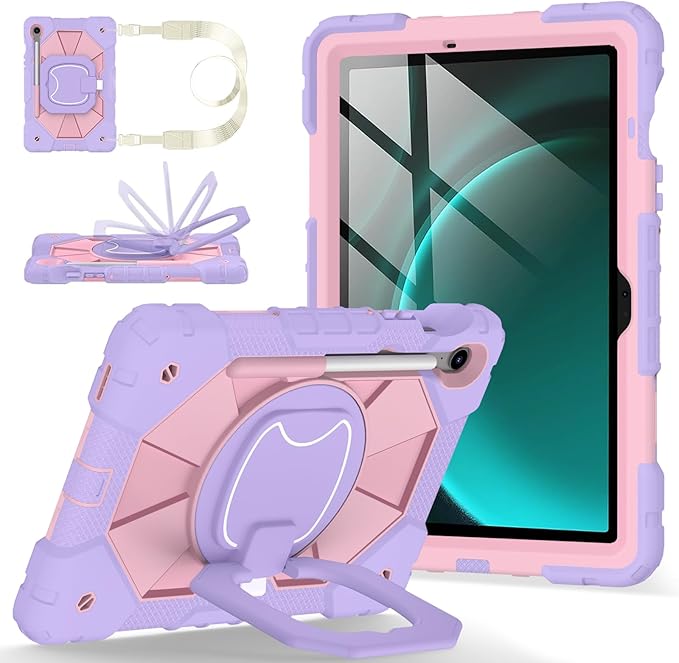 Case for Samsung Galaxy Tab S10 Lite/S10 FE/S9 FE 10.9 Inch Galaxy Tab S9 11 Inch Cute Rugged Galaxy S10 Tablet Cover w/Pen Holder Rotating Stand Shoulder Strap for Kids Girls Purple Rose