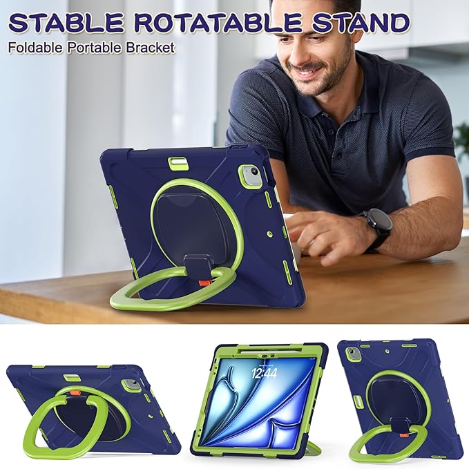 MEEgoodo Case for iPad Air 13 inch 2025 (M3) /2024 (M2) &amp iPad Pro 12.9 Case 6th/5th/4th/3rd Generation 2022 2021 2020 2018Tablet Cover with Pencil Holder/Rotating Stand/Shoulder StrapNavy Blue