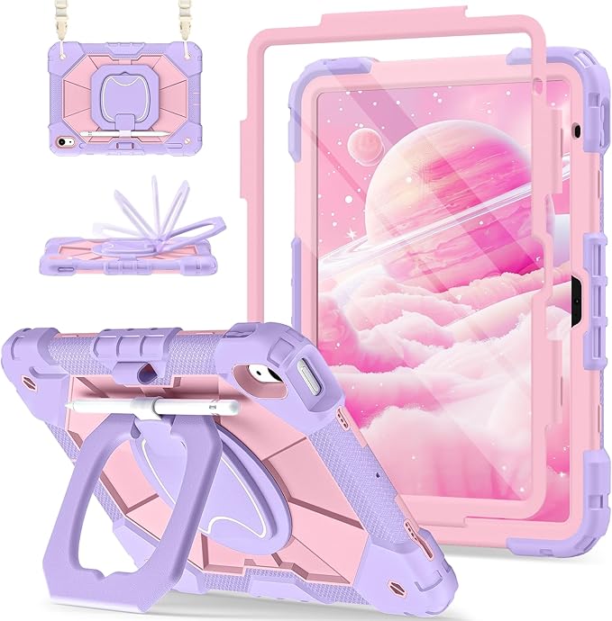 Case for iPad (A16) 11th Generation 11 Inch (2025) iPad 10th Generation Case 10.9 Inch (2022) Shockproof Cover with 360° Rotating Stand Screen Protector Pen Holder Shoulder Strap Purple Pink