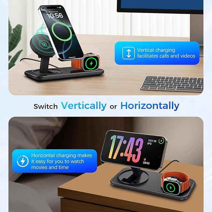 2 in 1 Wireless Charging Station for Mag-Safe Magnetic Wireless Charger Pad 15W Fast Charge for iPhone 17 Pro Max/17 Air/16/16 Plus/15/14/13/12AirPods Pro 3Apple Watch SeriesBlack