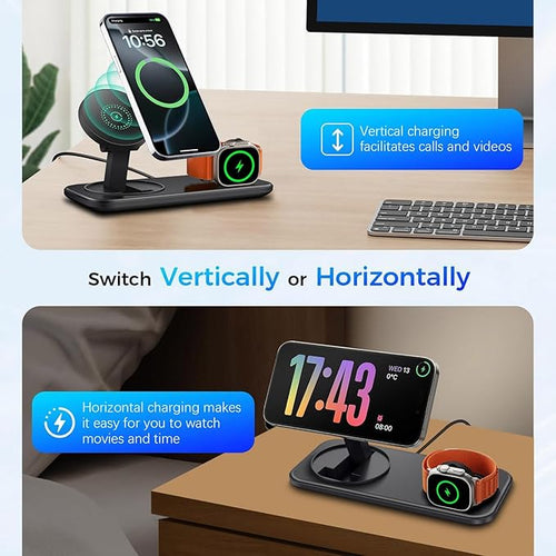 2 in 1 Wireless Charging Station for Mag-Safe Magnetic Wireless Charger Pad 15W Fast Charge for iPhone 17 Pro Max/17 Air/16/16 Plus/15/14/13/12AirPods Pro 3Apple Watch SeriesBlack
