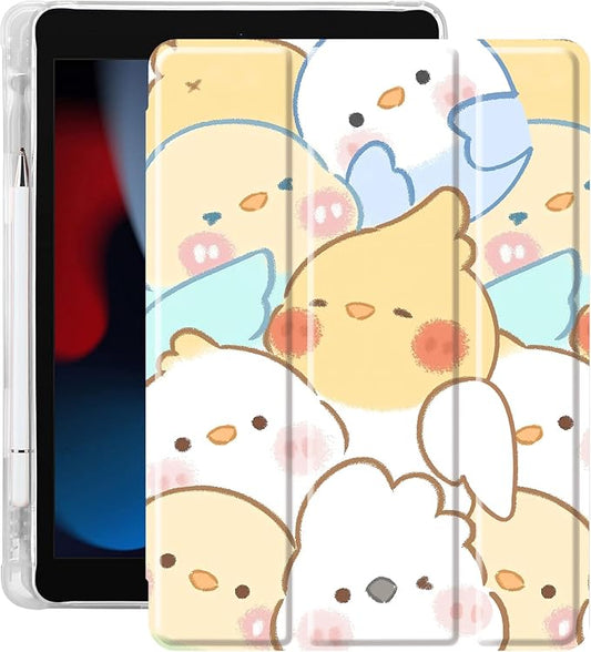 Idocolors Cute Kawaii Parrot Pad Case for 9.7 Inch iPad Air/iPad Air 2 Clear TPU Trifold Stand Back Cover with Pencil Holder Auto Wake/Sleep Foldable Four-Corner Shockproof Protective Case