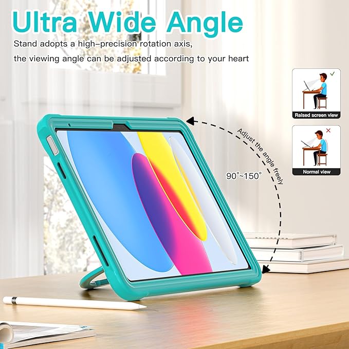 BATYUE Case for iPad (A16) 11th/10th Gen 11''/10.9'' 2025/2022 | Matte Frosted Shockproof Protective Cover with 360° Rotating &amp 180° Folding Stand Shoulder Strap &amp Pencil Holder | Light Blue