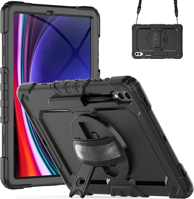 Case for Samsung Galaxy Tab S10+ / S9 FE+ Plus / S9+ Plus 12.4 Inch with Screen Protector Hand Strap Shoulder Strap 360 Rotating Stand and Pen Holder - Black
