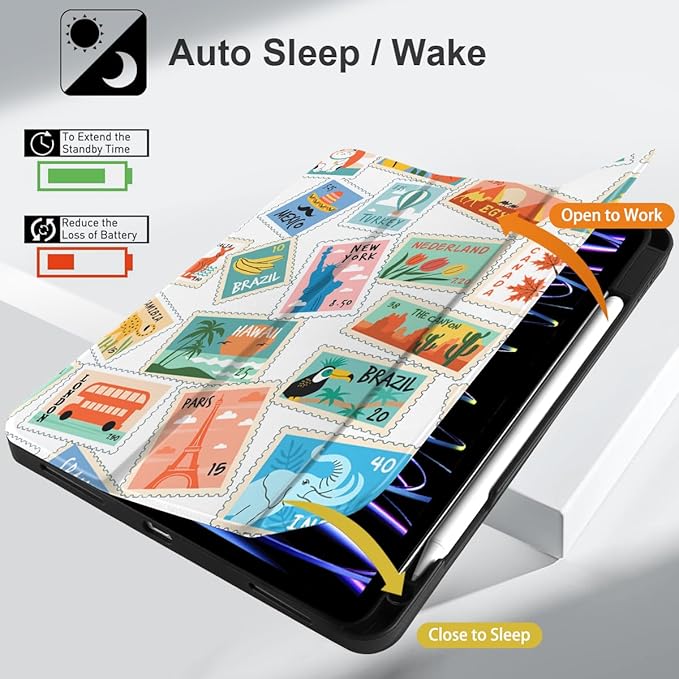 DONGKE Case for iPad Pro 12.9 inch 6th Generation 2022 Built-in Pencil Holder + Trifold Stand + Auto Wake/Sleep + Protective Cover for iPad Pro 12.9 5th/4th/3rd Gen- Post Stamps