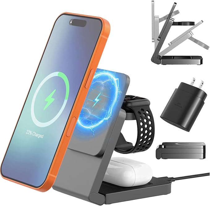 3 in 1 Charging Stationfor Apple Magsafe Charger Station Auto-Pop Watch CradleUp-Down Sliding Design Wireless Charging Station for iPhone 17/16/15/14/13/12&ampApple Watch Series/Airpods