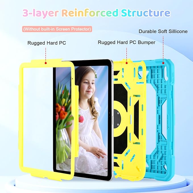 Case for iPad (A16) 2025 11th Gen 10.9'' iPad 10th Generation 2022 10.9'' with Tempered Glass Screen Protector Rugged Kid Case with Shoulder Strap/Pencil Holder/Folding Stand (Blue+Yellow)