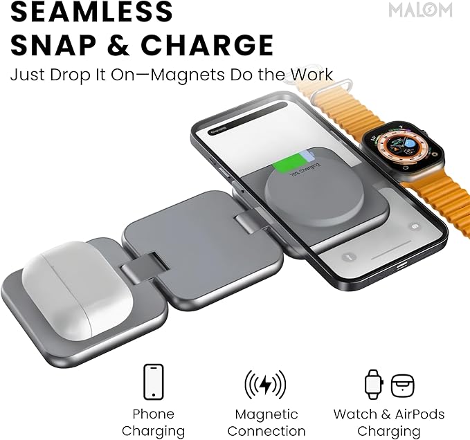 MALOM S21 Aluminum 3 in 1 Magnetic Fordable Wireless Charger for iPhone 17/16/15/14/13/12/Pro/Pro Max Apple Watch 1-9/ultra 1-2 AirPod 2/3/Pro/Max [Include Type A-C Cable &amp 20W Adapter &amp Case