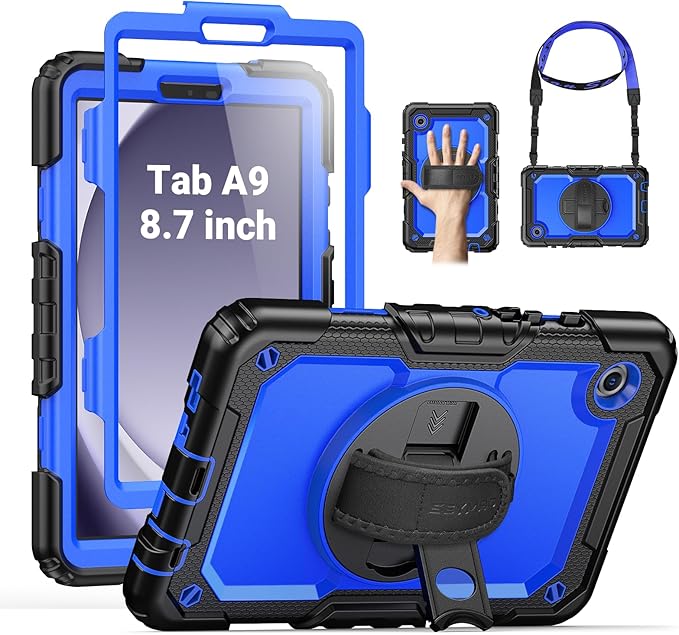 SEYMAC for Samsung Galaxy Tab A9 Case 8.7 Inch 2023 (SM-X110/X115/X117) Heavy Duty Shockproof Protective Case with Screen Protector Rotating Stand Hand/Shoulder Strap and Pen Holder Blue