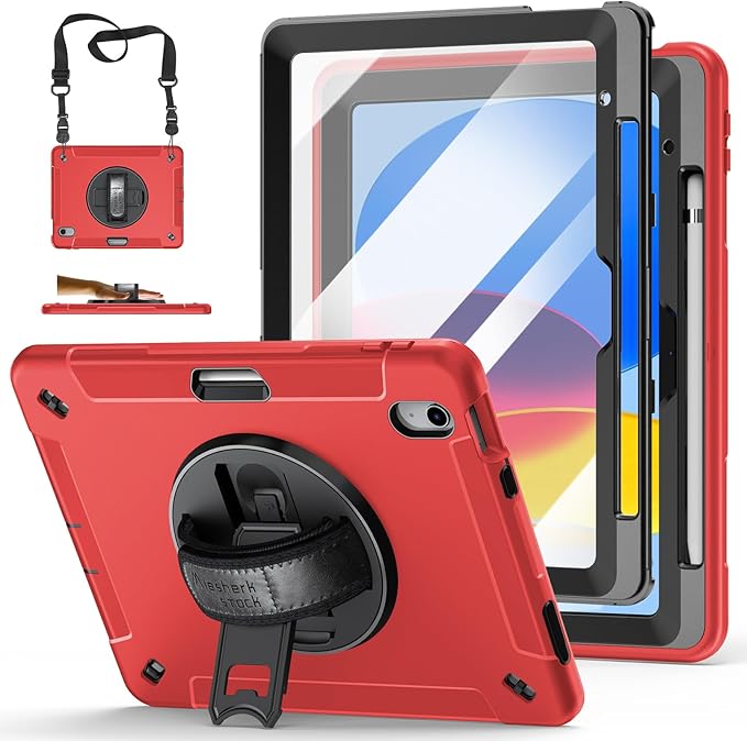 Case for iPad (A16) 11th/10th Generation Case: Protective Cover for iPad 11th Gen 11 Inch 2025 &amp10th Gen 10.9 2022 with Screen Protector- Stand- Shoulder Strap- Handle- Pencil Holder-Red