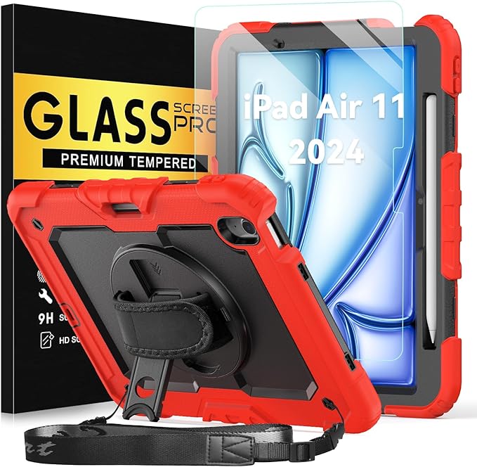 BLOSOMEET Construction Case for iPad Air 11 Inch 2025 M3 &amp 2024 M2 with Tempered Glass Screen Protector &amp Shoulder StrapProtective Cover with Stand Pencil Holder Hand Strap (Red)