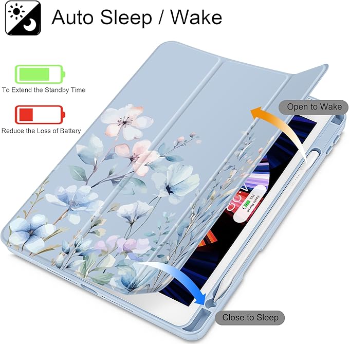May Chen for iPad 9th Generation with Pencil Holder iPad 8th/7th Gen Case 10.2-inch [Penceil Holder] Trifold Stand Auto Wake/Sleep Clear TPU Protection Back Cover Wild Flowers