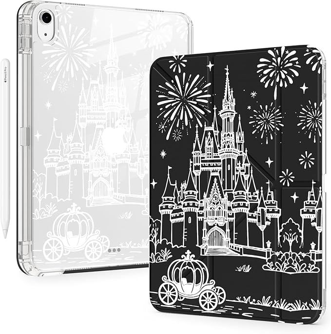 Cute White Castle for iPad (A16) 11th/10th Generation Case 11 Inch/10.9 Inch 2025/2022 with Pencil Holder Auto Sleep/Wake Black Leather Acrylic Back Detachable Cover