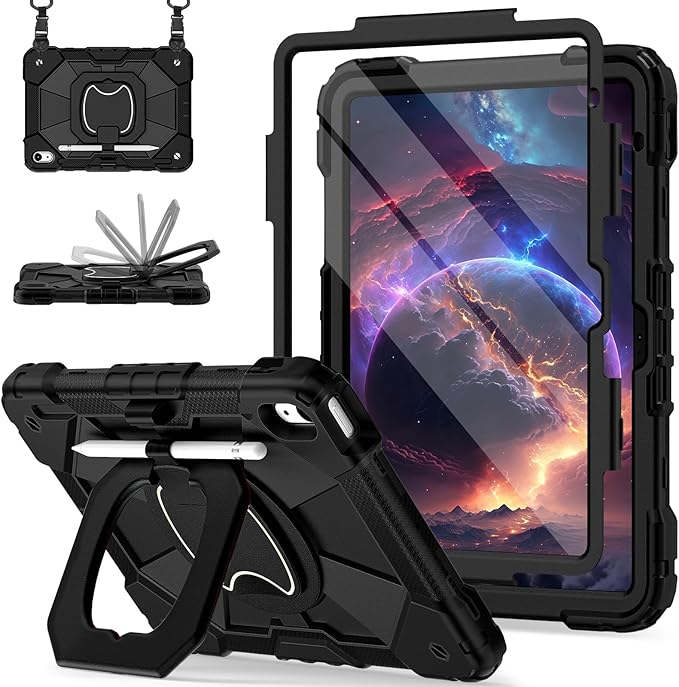 Case for iPad (A16) 11th Generation 11 Inch (2025) / iPad 10th Generation Case 10.9 Inch (2022) with 360° Rotating Stand Screen Protector Pen Holder Shoulder Strap Black
