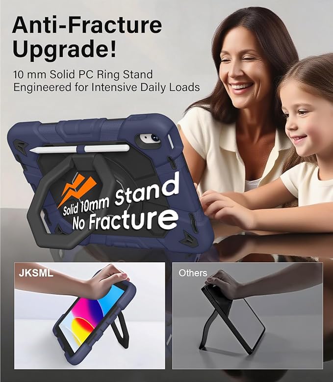 JKSML Case for iPad (A16) 11th/10th Gen | 360° Rugged Rotating Stand | Pencil Holder | Adjustable Shoulder Strap | Heavy Duty Drop Protective Cover for iPad 10.9 (2022)/ 11 (2025) - Navy Black