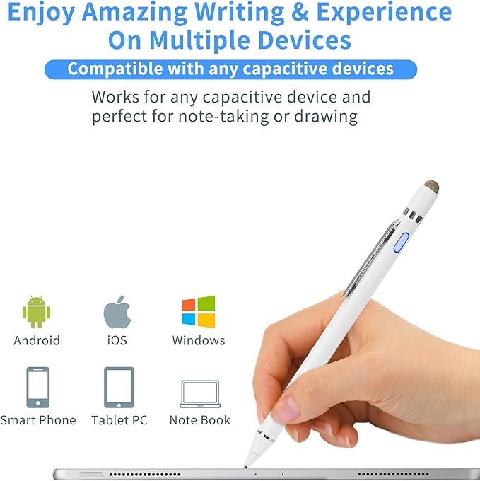 2-in-1 Active Stylus Digital Pen with 1.5mm Ultra Fine Tip for iPad iPhone Samsung Tablets Work on Touchscreen Phones and TabletsGood at Drawing and Writing White